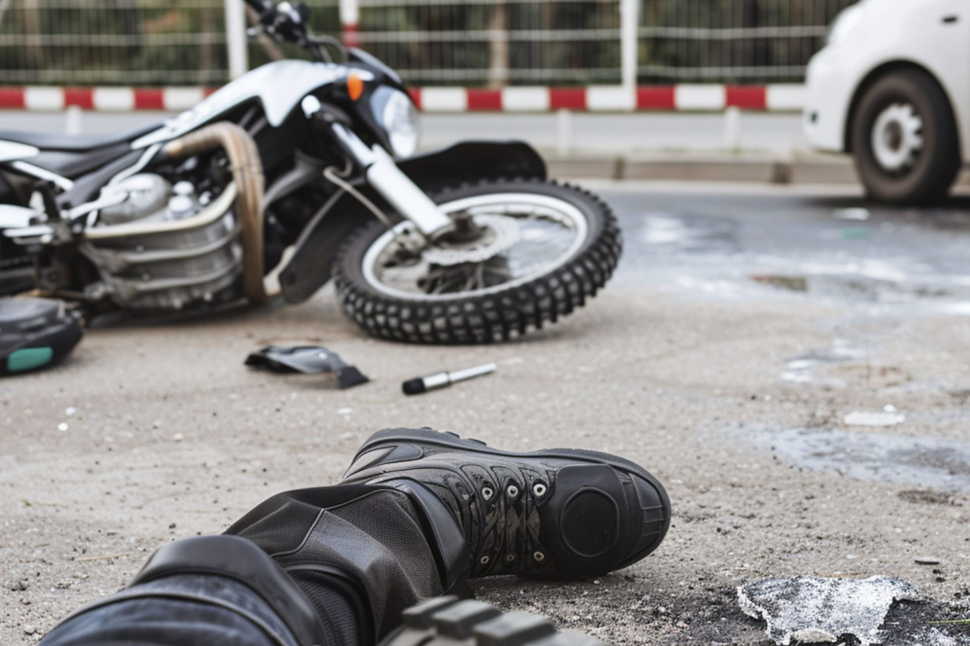 A motorcycle rider laying on the ground in front of another motorcycle.